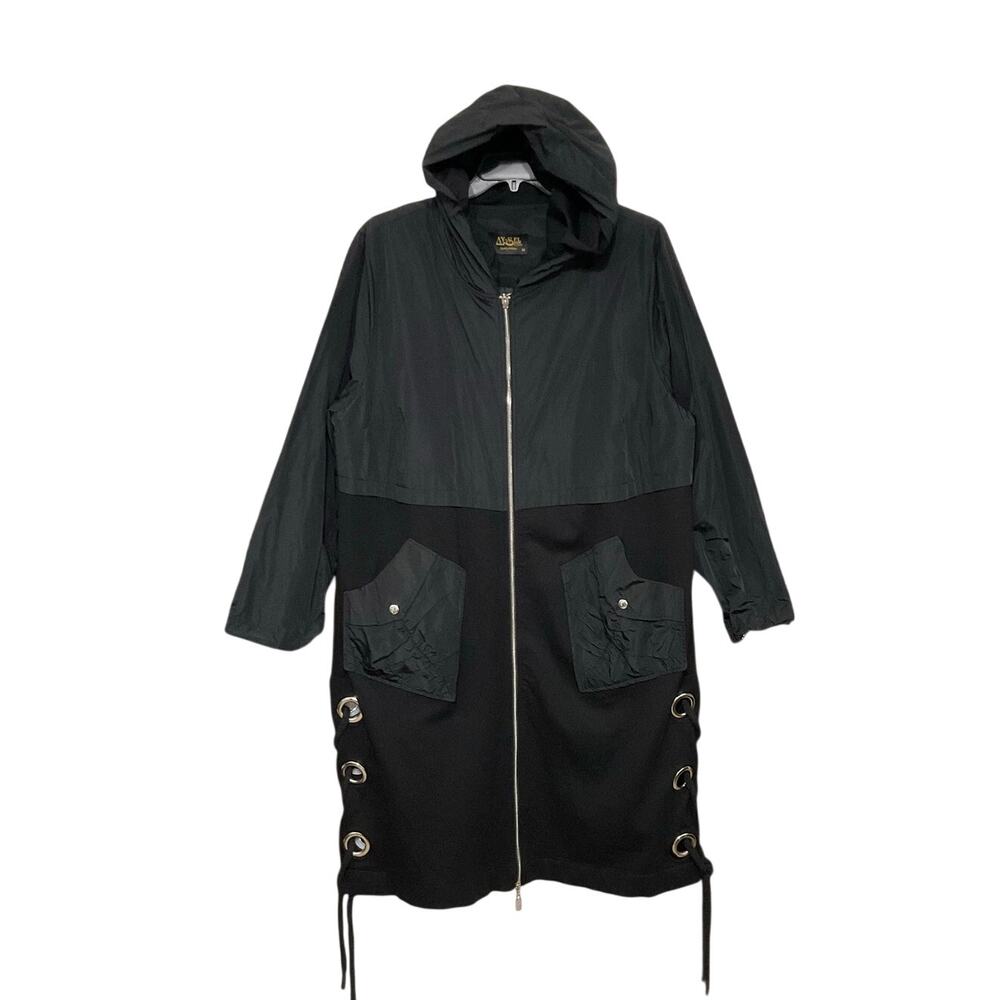 Ay-Sel Black Hooded Rain Trench Coat Front Zip Pockets Metal Grommets Lace-Up XL